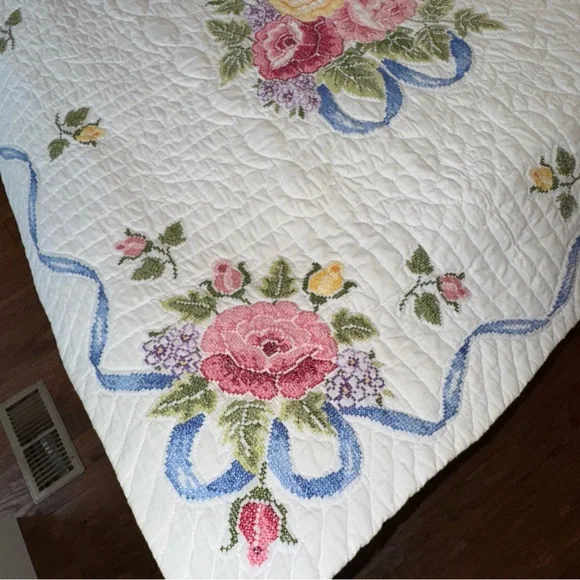 Vintage Quilt Embroidered Handsewn Cross Stitch Bedspread Flowers Ribbons 84x84” - Picture 10 of 13